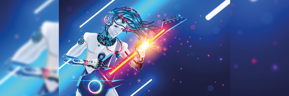  La imagen muestra un androide tocando una guitarra eléctrica, ilustrando la fusión de inteligencia artificial y creatividad artística