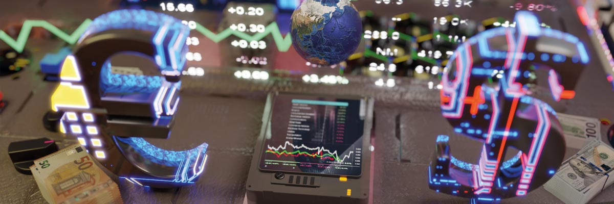 Símbolos del euro y dólar con gráficos y elementos digitales que representan mercados, tokenización y finanzas globales.