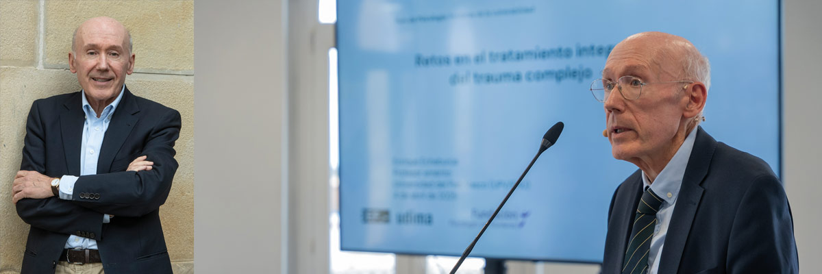 Enrique Echeburúa, experto en psicología, posando y hablando en una conferencia sobre trauma y salud mental
