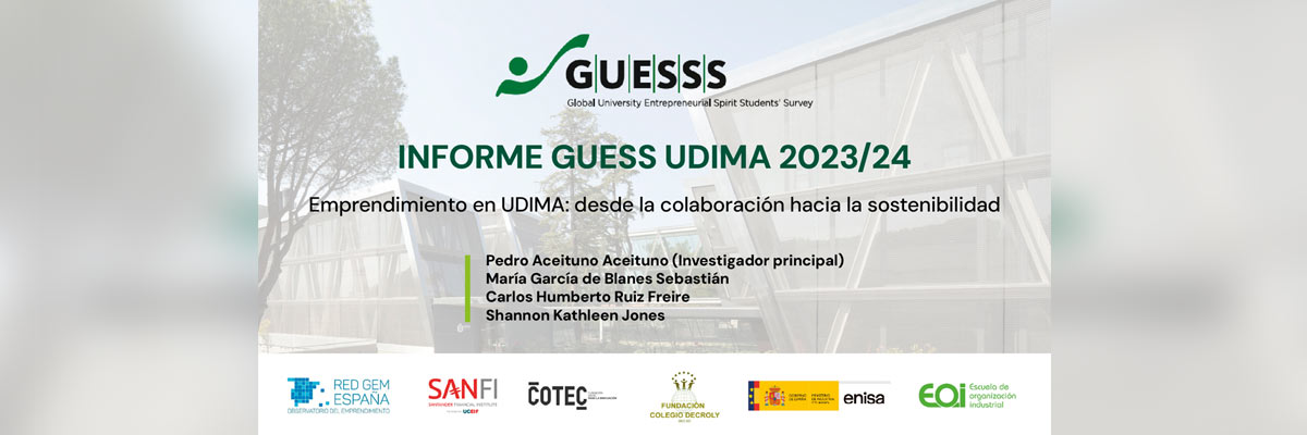 Portada informe GUESS UDIMA 2023/24: emprendimiento, colaboración y sostenibilidad; autores y logos institucionales.