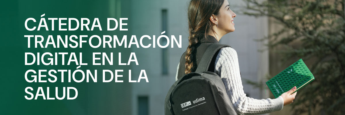 Cátedra transformación digital gestión salud: estudiante con mochila y cuaderno, iniciativa CEF-UDIMA