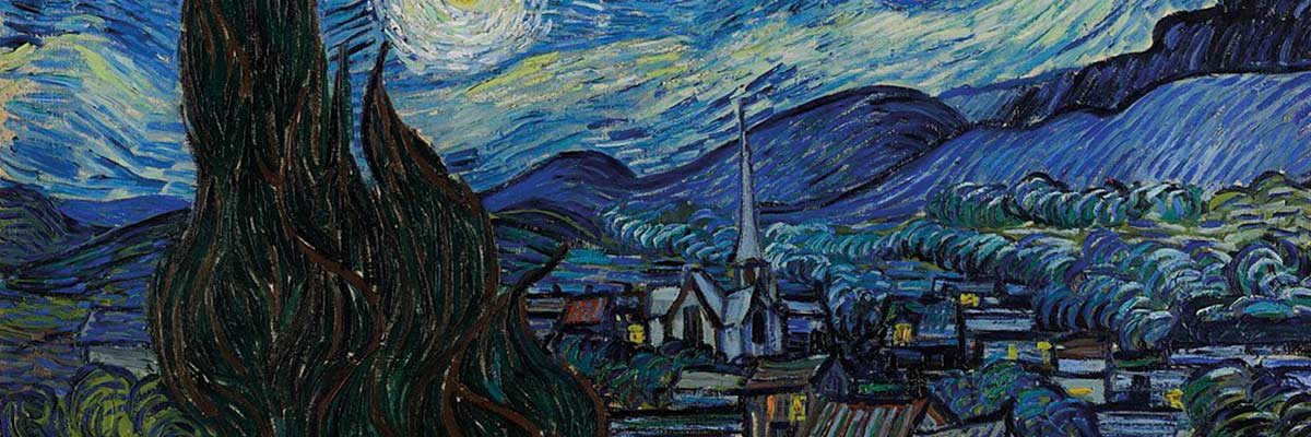 Detalle de "Noche estrellada" de Van Gogh: cielo en remolinos sobre pueblo iluminado, pinceladas expresionistas.