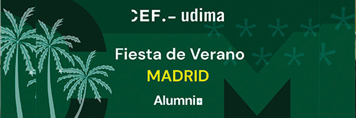  La imagen muestra un banner con un fondo verde oscuro que presenta elementos decorativos como palmeras en el lado izquierdo y símbolos en forma de estrella dispersos. El texto en el banner dice CEF.- udima Fiesta de Verano MADRID Alumni