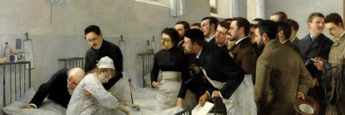 La imagen muestra una pintura de una escena médica del siglo XIX. Se observa a un grupo de personas reunidas alrededor de un paciente acostado en una cama, con una persona, presumiblemente un doctor, de pie junto a la cama.