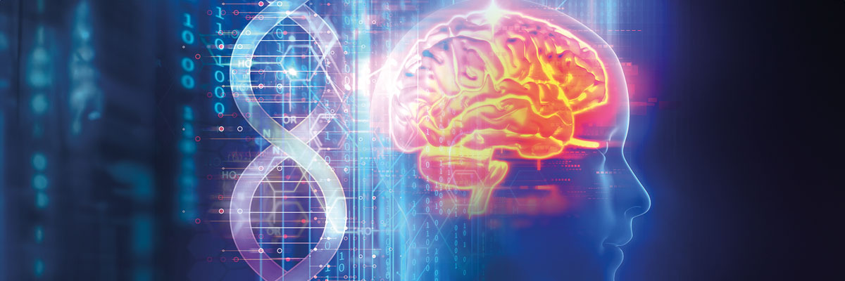 Gráfico de ADN, ilustración de cerebro y fondo de código binario, simbolizando genética, neurociencia y tecnología