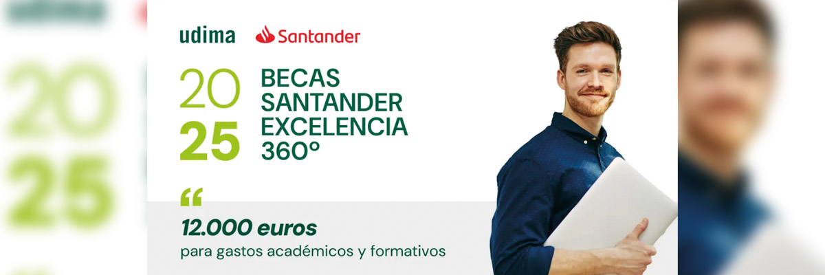 Anuncio de becas Santander Excelencia 360° con un joven sonriente y texto sobre la beca