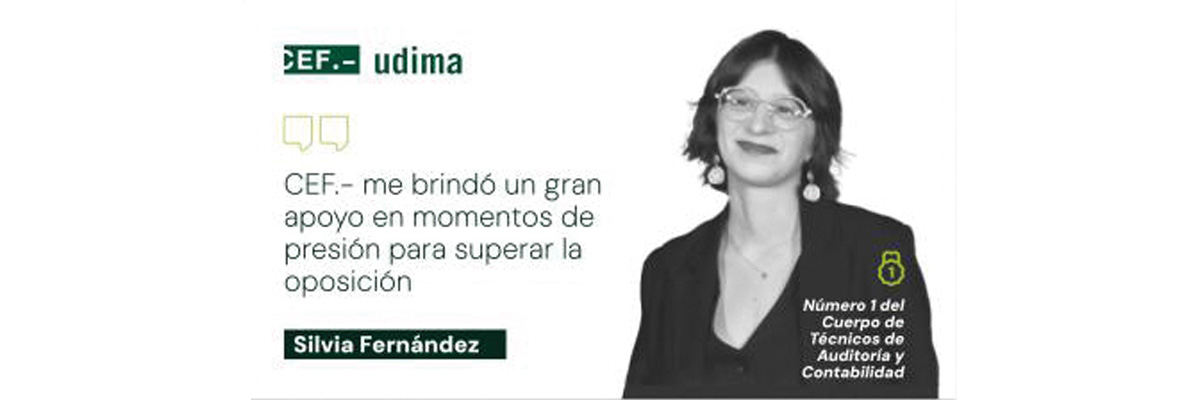 Cartel testimonial con foto de mujer sonriendo, cita de apoyo de CEF.- UDIMA y texto “Número 1 Cuerpo Técnicos”