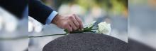 Hombre poniendo una rosa blanca en una tumba