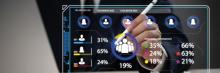 Mano con stylus interactuando con panel digital que muestra iconos y porcentajes de recursos humanos.