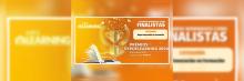 Banner de nominación a los premios EXPOELEARNING 2024, destacando un trofeo dorado y un libro abierto sobre un fondo naranja, simbolizando el reconocimiento en la categoría de Mejor Innovación en Formación