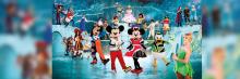 Imagen promocional de “Disney on Ice” con Mickey, Minnie, Goofy, Donald y personajes de Disney sobre pista de hielo azul