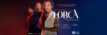 Póster promocional de la obra “LORCA” dirigida por Carlos Saura, con iluminación dramática en rojo y azul.